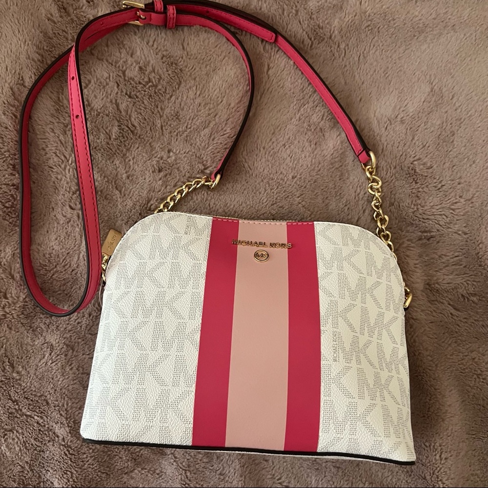 Michael Kors Cindy Center Stripe Dome Crossbody Hibiscus